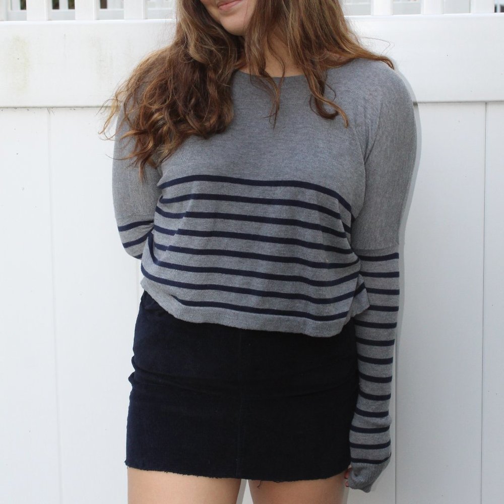 gray and blue stripped cropped sweater